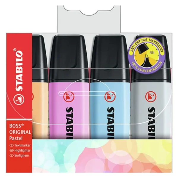 Set 4 Destacadores Stabilo Boss Pastel Gris-Fucsia