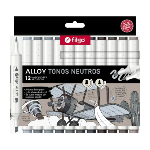 Set 12 Marcadores Artisticos Doble Punta Filgo Alloy Tonos Grises